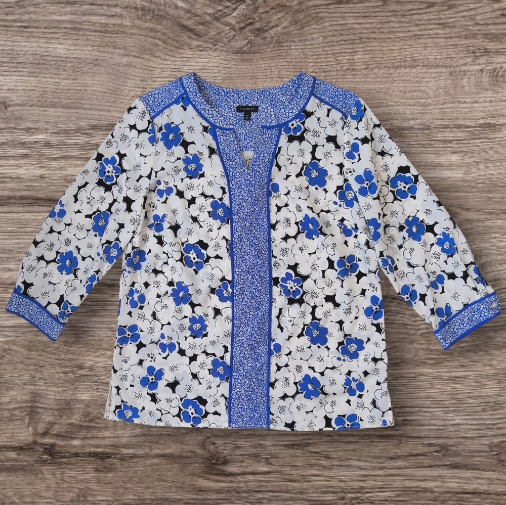 Talbots Women's Blue Floral Print 3/4 Sleeve Split Neck Blouse - Size Medium